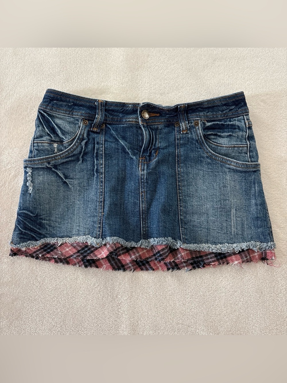 Y2K Zana Di Jeans Denim Mini Low Rise Skirt Pink Plaid Size 7